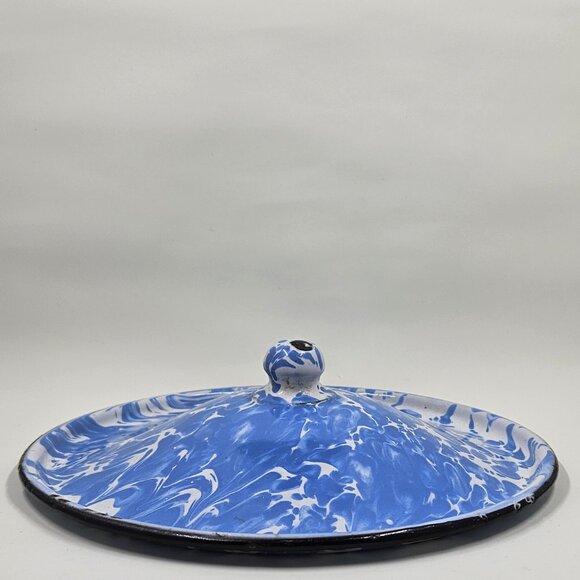 Blue & White Swirl Enamelware Agateware Graniteware Lid with Round Knob - Picture 8 of 13